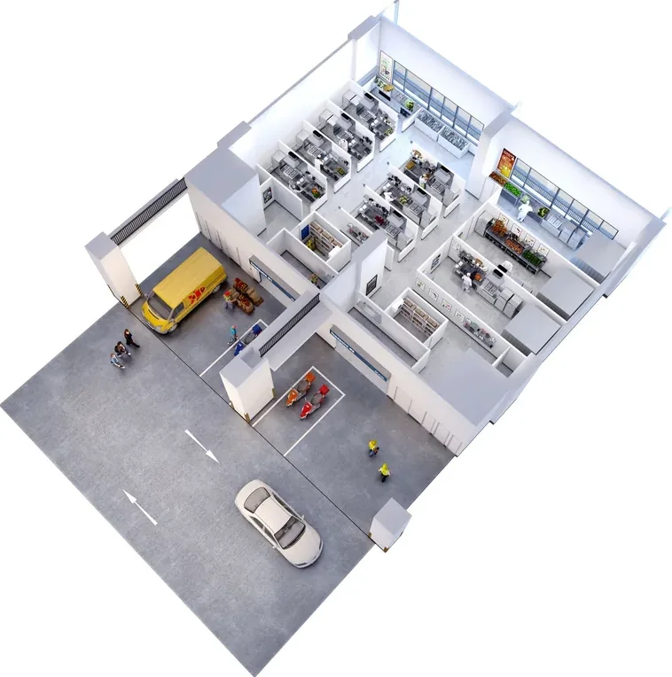 Axonometric view of adjoining dual-key units at Smartfood Mandai