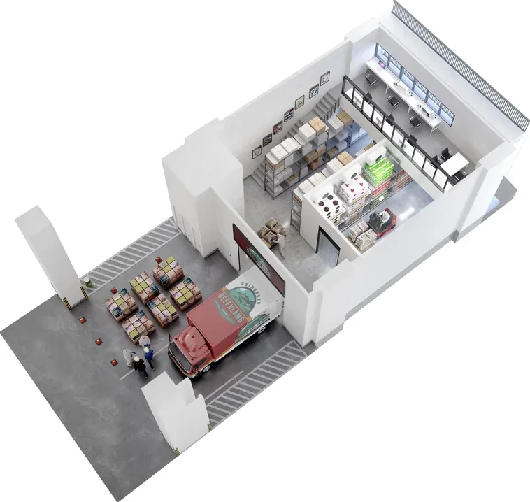 Axonometric view of a cold storage unit at Smart Food @ Mandai with refrigerated chamber and loading area