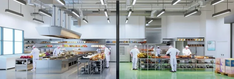 Halal and non-halal kitchen perspective showing separated production lines at Smart Food @ Mandai